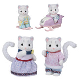 Set of four white cat-like plush toys with colorful outfits on a white background