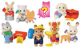 Set of toy animal figures with accessories on a white background