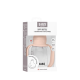 BIBS Sippy Bottle in a dusty pink color, shown inside its white and gray retail packaging box against a plain white background.