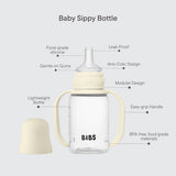 Baby sippy bottle with features labeled on a light gray background