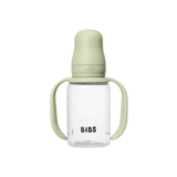 Green baby bottle with handles and clear container on a white background