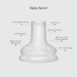 A translucent white silicone BIPS sippy spout with text callouts highlighting features like leak-proof design, food-grade silicone, gentle on gums, and anti-colic design, set against a solid light gray background.