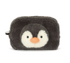 Penguin-shaped pouch with a white face and orange beak on a white background