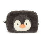 Penguin-shaped pouch with a white face and orange beak on a white background