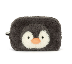 Penguin-shaped pouch with a white face and orange beak on a white background