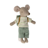A small plush mouse doll with a beige body, wearing a cream knit sweater with pale green stripes, sage green shorts, and carrying a small patterned backpack, shown on a plain white background.