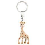 A rubber giraffe keychain charm with a silver metal split ring and chain, featuring the character Sophie's Giraffe on a plain white background.
